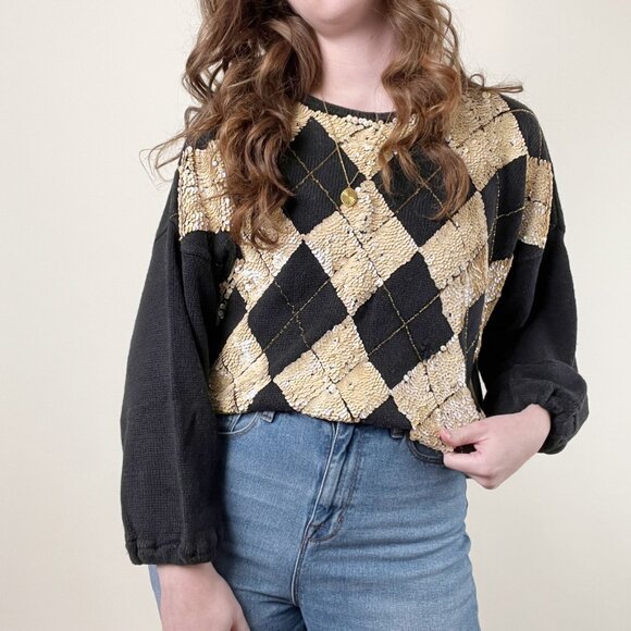 Rare Vintage Sequin Beaded Argyle Preppy Christmas Holiday Sweater / Mini Dress - Picture 3 of 6